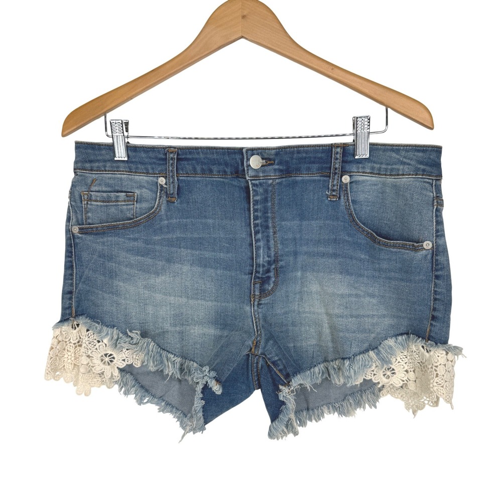 Vintage Y2K High Rise Denim Booty‎ Shorts Boho Festival Shabby Crochet Lace 33